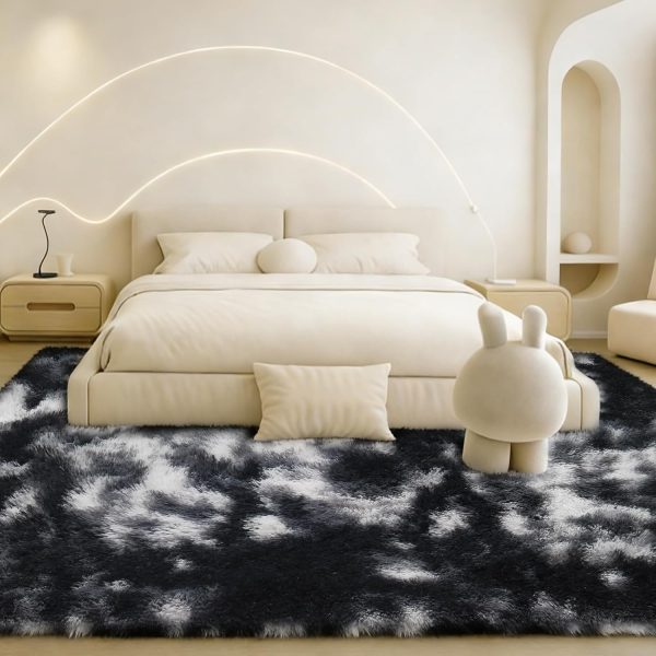 8x10 Area Rugs Living Room, Black White Grey Large Plush Fluffy Bedroom Carpet, Non-Slip Upgraded Indoor Thick Soft Rug, Modern Plush Carpet Suitable for Kids Home Decor Aesthetics Dorm.