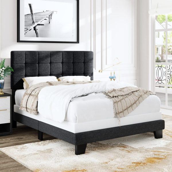 Full Size Panel Bed Frame with Adjustable Headboard for High Profile/Fabric Upholstered/Square Stitched Padded Headboard/Box Spring or Bunkie Board Required/Dark Grey