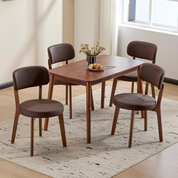 Oak Wooden Dining Chairs Set of 4, Mid-Century Modern Leather Upholstered Kitchen Chair with Solid Wood, Farmhouse Dining Room Chairs, Brown
