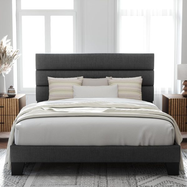 Queen Size Platform Bed Frame with Fabric Upholstered Headboard and Wooden Slats Support, Fully Upholstered Mattress Foundation/No Box Spring Needed/Easy Assembly, Dark Grey