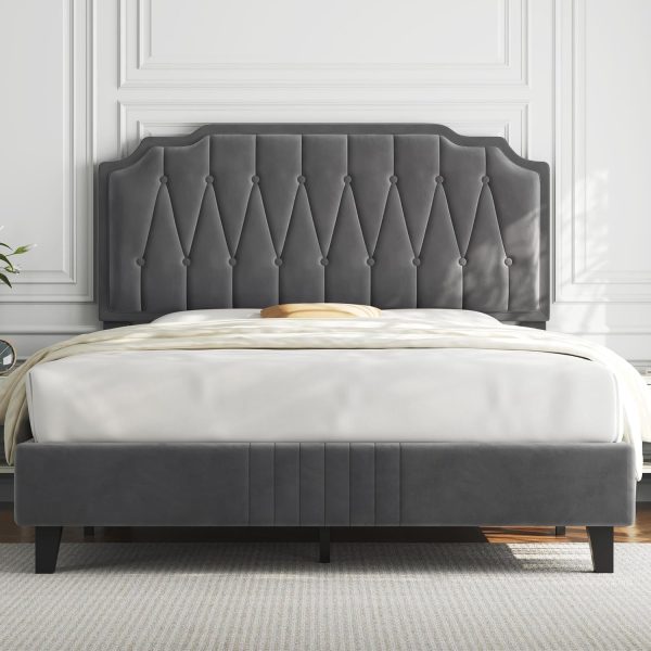Full Bed Frame Velvet Upholstered Platform Bed with Curved Headboard, Height-Adjustable Headboard/Noise-Free/Wooden Slats Support/No Box Spring Needed/Easy Assembly, Dark Gray Full Bed