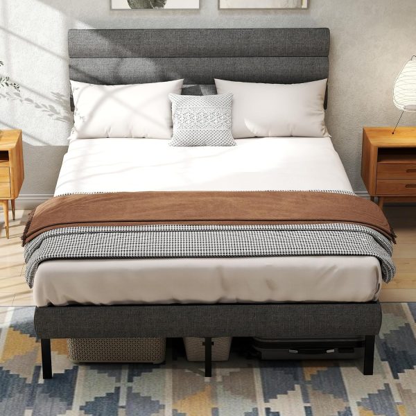 Full Bed Frame with  Upholstered Headboard, Metal Platform Bed Frame Full Size with 14" Underbed Storage, Metal Slats Support, Noise Free, No Box Spring Needed, Easy Assembly, Grey