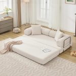 Convertible Sleeper Sofa Bed with Cylindrical Pillow, Corduroy Folding Mattress Couch with Fixed-Shape Frame, Floor Sofa Lounge Couch for Living Room Bedroom Lounge Studio, Beige