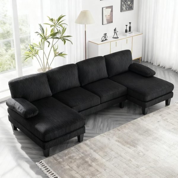 111" Sectional Sofa U-Shaped 4-Seat Couch with Chaises Wood Grian Legs Corduroy Fabric Upholstered for Living Room, Apartment, Office, Black