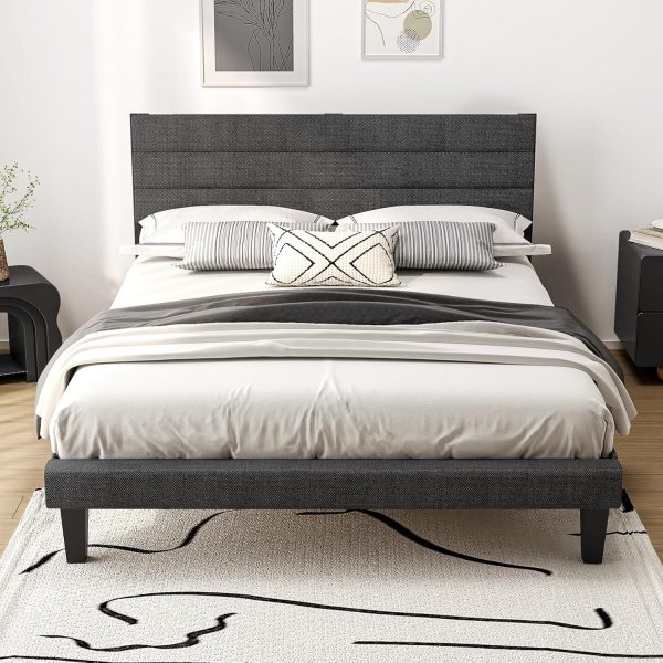 Full Bed Frame with Headboard,Upholstered Platform Bed with Adjustable Headboard,Heavy Duty Slats Support,Mid Century Modern,Noise Free, No Box Spring Needed, Dark Gray