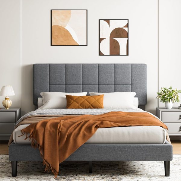 Full Size Bed Frame with Headboard, Sturdy and Durable with 12 Support Legs, 1300 lbs Capacity, Solid Wooden Upholstered Adjustable Headboard for 6"-12" Mattresses, Easy Assembly,Dark Gray