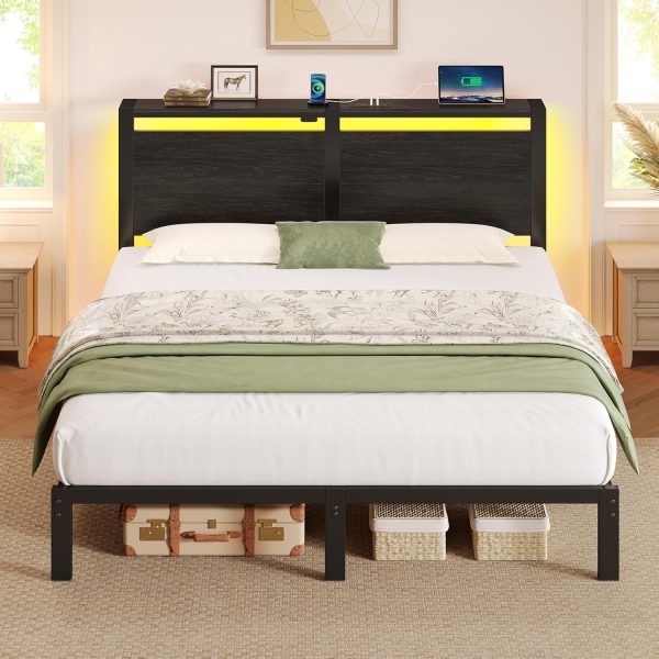 Full Size Bed Frame with Charging Station,  Full Bed Frame with Wood Storage Headboard, Platform Bed with Metal Slats & Under Bed Storage, No Box Spring Needed, Noise Free, Black Oak