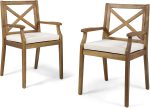 | Outdoor Acacia Wood Dining Chair Set of 2, Teak/Cream Cushion