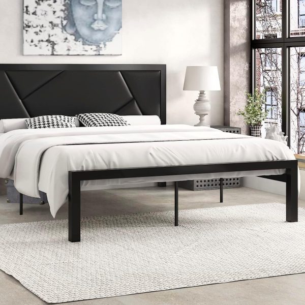 Queen Size Metal Bed Frame with Leather Upholstered Headboard,Linear Geometric Design,Heavy Duty Metal Slats Support Platform,No Box Spring Needed,Black