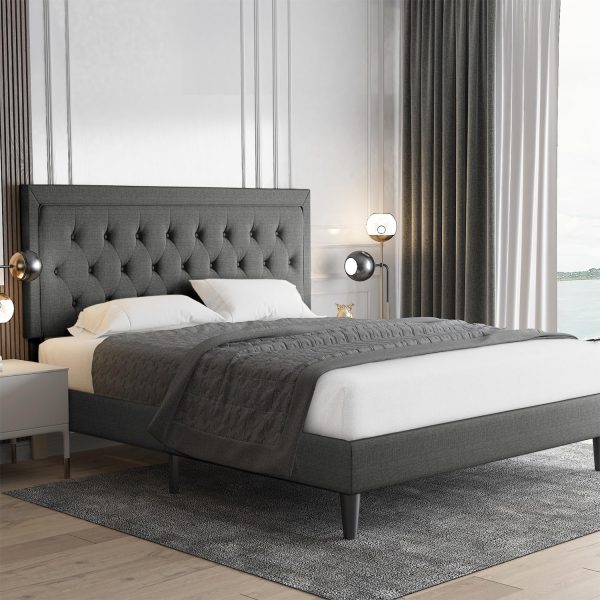 Full Size Button Tufted Platform/Fabric Upholstered Bed Frame with Adjustable Headboard/Wood Slat Support/Mattress Foundation/Dark Grey (Full)