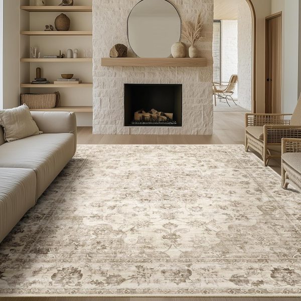8x10 Washable Neutral Area Rug Beige Vintage Living Room Bedroom Carpet Non-Slip Soft Low Pile Floral Indoor Large Throw Rug for Dining Room Office