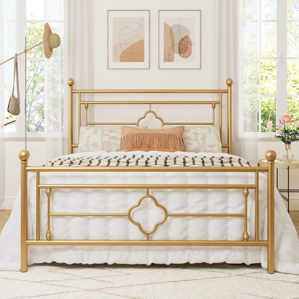 Full Size Metal Platform Bed Frame with Victorian Vintage Headboard and Footboard/Mattress Foundation/Under Bed Storage/No Box Spring Needed/Noise-Free/Easy Assembly, Gold
